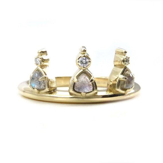 Labradorite Trillion and Diamond Crown Bohemian Engagement Ring