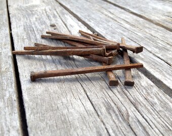 Rusty Antique Square Head Nails, Century Home Architectural Salvage, 12 Nail Set, Metal Assemblage, Craft, Altered Art