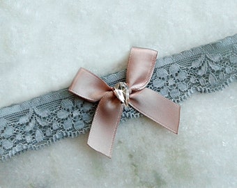 Dusty Blue Wedding Garter, Rose Gold Lace Bridal Garter, Crystal Rhinestone Garter, Light Blue Garter, Something Blue Garter, 35 Bow Colors