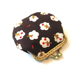 Apple tree frame coin pouch brown cotton fabric bronze kiss lock clasp brown frame purse metal change purse