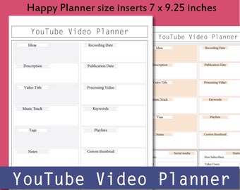 Printable YouTube Planner, video planner, YouTube Video, YouTube Channel,Happy Planner size inserts