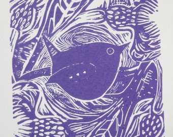 Wren in the Cornflowers - an original Linocut print