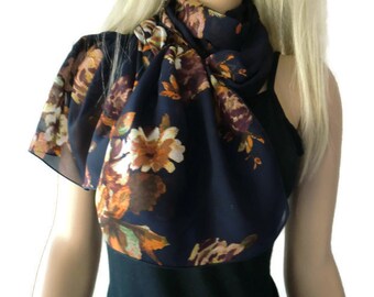 Dark Navy blue with copper brown floral long chiffon scarf -Parisian Neck Tissu