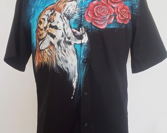 Tiger shirt Mens short sleeve buttons shirt Black shirt Gucci shirt Roses shirt Unique shirt Handpainted clothing Designer clothing