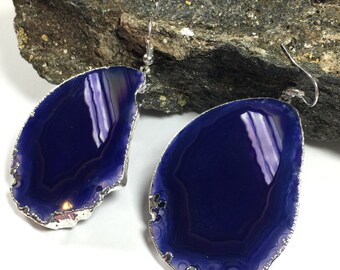 Purple Agate Slice earrings ,Geode earrings, Druzy earrings , long earrings, Silver earrings, Earrings, Gift for her, dangle earrings