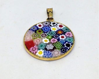 Vintage Italian Millefiori Art Glass Pendant, 925 Sterling Silver Vermeil Gold Wash,Vintage Italian Millefiori, Art Glass Pendant