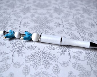 Pen-jewelry pearls blue birds - white beads - handmade - gift idea