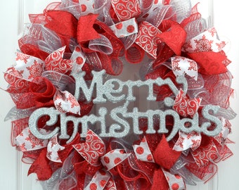 Red and Silver Merry Christmas Deco Mesh Front Door Wreath - Front Door Christmas Wreath