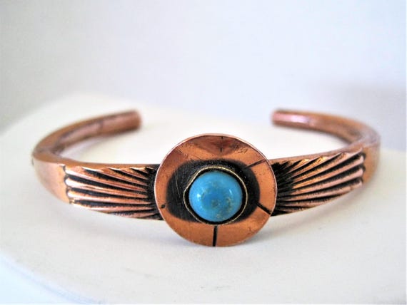 Native American Turquoise Cuff, Small Wrist Copper Bracelet, Turquoise Stone Center, Mid Century