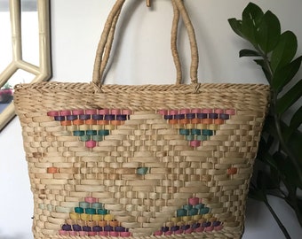 Vintage Wicker Tote Bag/Beach Tote/Wicker Beach Bag/Vintage Purse/Vintage Beach Bag/Colorful Tote