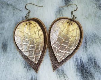 Brown and gold leather leaf earrings