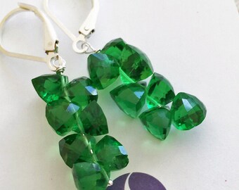 Trillion Cluster Earrings, Emerald Green Quartz, Emerald Green earrings, Green Trillion. Gift Idea