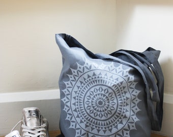 Market shopper, hand printed tote bag, long handled, lightweight, bag for life, graphite and light grey