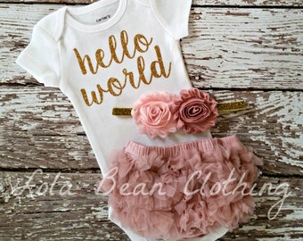 Baby Girl Coming Home Outfit Take Home Outfit Baby Girl Hello World Outfit Bodysuit Bloomers Headband Dusty Rose Baby