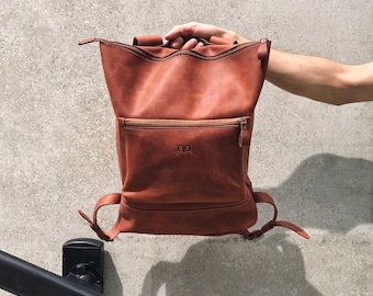 Handcrafted LEATHER BACKPACK / Handcrafted leather Rucksack with one front zipper pocket / Cognac Brown Leather bag