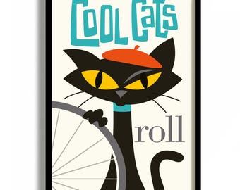 Bicycle Art Print Gift Idea Bicycle Lover Gift Black Cat Bike Art Decor Mid Century Modern Design Bike Sign Poster Art Print Pet Cat Artwork