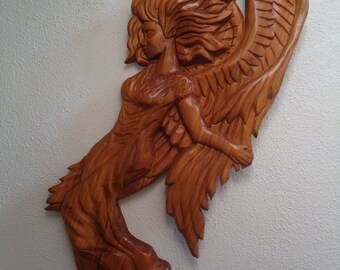 Carved wood Angel - Wood wall art - Wood carving - Hand carved sculpture - Wall decor - Fantasy art - Unique gift - Original art, Angel art