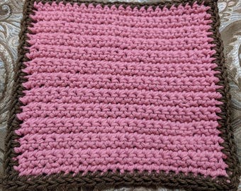 Pink 100% Cotton Dishcloth or Washcloth with Brown Border