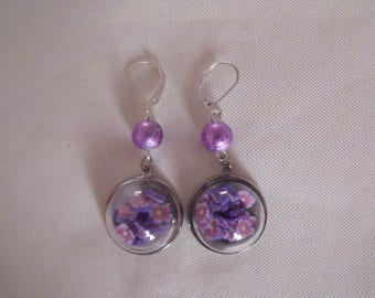 LIQUIDATION silver dome earrings violet purple flowers
