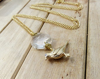 Gold Bird Necklace // Vintage Octagon Prism Bird Necklace // Vintage Crystal Prism and Gold Bird Necklace