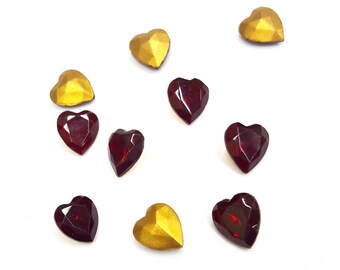 36 Pieces Glass Heart Stones, Siam Ruby Red, Gold Foil on Back, Vintage, 9x8mm