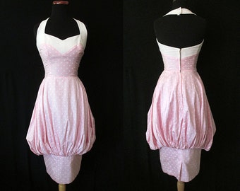 CLEARANCE Amazing 1950's "Lilli Diamond" Designer Pink Polka Dot Halter Bubble Dress Rockabilly VLV Pinup Vixen Size-Small