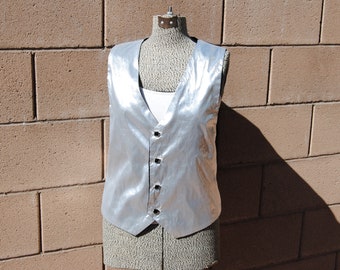 Vintage Metallic Silver Vest with Square Black Buttons