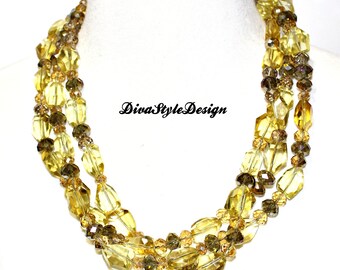 Gold Crystal Multi Strand Necklace, Gold Crystal Statement Necklace, Gold Crystal Necklace, Statement Necklace