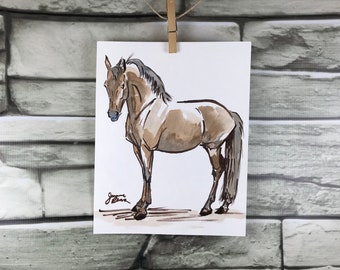 Horse art original ink & watercolor painting - "The Skeptic" - brown and blue