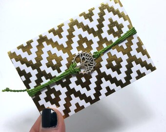 Green Tree of Life Charm Bracelet / Surfer Bracelet / Friendship Bracelet / Wax Polyester Cord / Layering Bracelet / Charm Bracelet