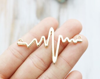 Set of 2, Heartbeat Connector, Necklace Collector, Bright Gold, Electrocardiogram Charm, Long Connector, Unique Findings