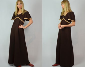 Vintage 70s Brown & Gold Boho Maxi Dress