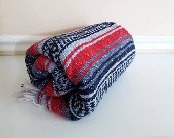 Mexican Serape, Red, Pendelton Style, Saltillo, 67" x45", Mexican Blanket, Fringe, Southwestern Blanket, Falsa, Mexican Throw, Mexico, 1970s