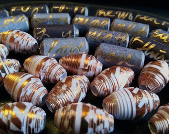 Hand Rolled Chunky Paper Beads. Black, Grey w/Gold Foil/Letter accents. Barrel/Bicone Style's 12 pcs. + 2 bonus beads e-901