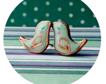 Aquamarine stud earrings for girlfriend Blue bird earrings Cyan small copper mint birds earrings Cute jewelry, kawaii polymer clay earrings