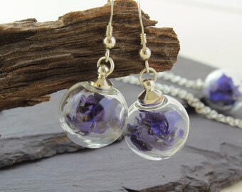 Sterling Silver Dark Blue flower Necklace and Matching petal Earring set