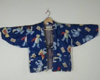 H196 Japanese Kimono Bear Checkered Kid Hanten Warm Wear Winter Jacket | Hanten Kimono | Kimono Haori | Kimono Cardigan | Short Kimono Robe