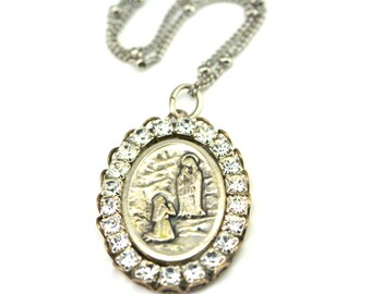 Our Lady of Lourdes - Rhinestone Necklace - Blessed Mother Necklace - BRASS or SILVER - Virgin Mary Necklace