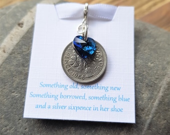 Brides Gift Lucky Sixpence Swarovski Bermuda Blue Heart Charm Something Blue Silver Sixpence Bouquet Charm Something Old Brides Gift