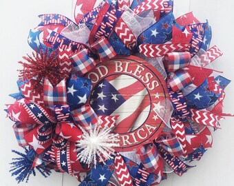 Fourth of July Wreath, Americana Wreath, Patriotic Mesh Wreath, Welcome Wreath, July 4th Wreath, Summer Wreath, Patriotic Welcome Wreath