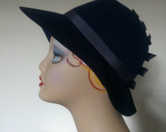 Vintage 40s cobalt blue wool Fedora hat brim hat/ribbon bows
