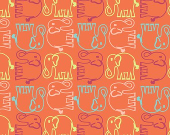 By The HALF YARD - Bridgette Lane by Valori Wells for Free Spirit, Patt #PWVW062-CHRY Cherry Ellie, Outlined up and down Elephants on Orange