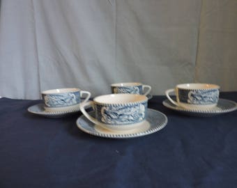 Currier and Ives Blue & White Coffee/Tea Cup and Saucer Set of 4