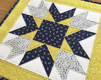 Yellow table topper, quilted table topper, yellow table runner, navy blue table topper, quilted table mat, table centrepiece, wall hanging