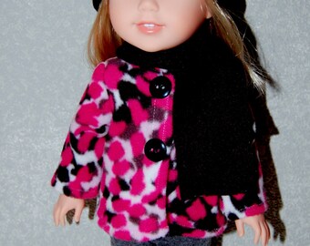 Jacket Hat Scarf for 14" Wellie Wishers or Melissa & Doug Doll Clothes Pink with black hat tkct1012 READY TO SHIP