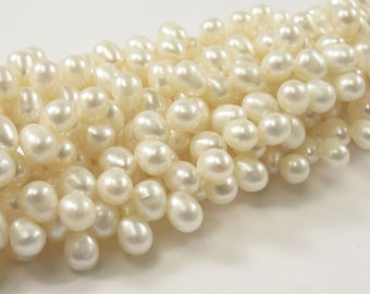 4.5 x 6 mm Top Drilled Natural White Rice Freshwater Pearl Beads, Genuine Cultured Freshwater Pearls, Natural Dancing Pearls (458-RW04506)
