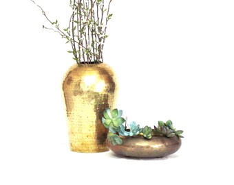 Vintage hammered Brass Low Round Orb Vase