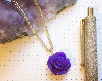 Purple Rose and Gold Necklace. Rose Pendant Necklace.