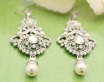 Wedding earrings for brides pearl,Bridal earrings chandelier,Pearl earrings bridesmaid earrings Crystal Earrings Wedding jewelry earrings