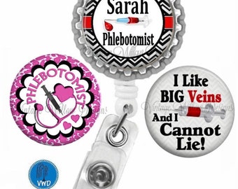 Personalized Phlebotomist (P3) Retractable ID Badge Reel with (3) Charm Magnets